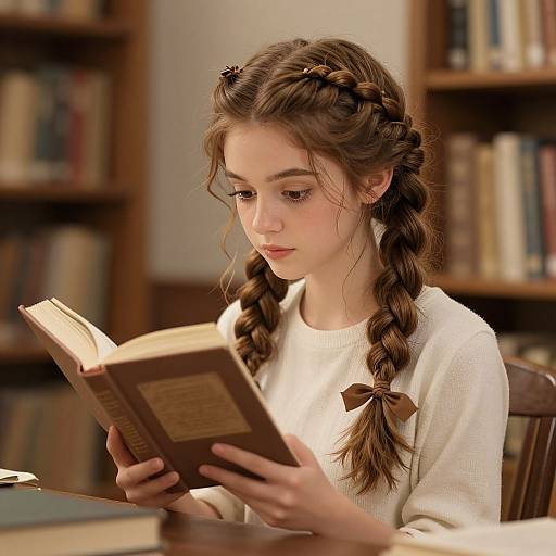 Photograph of a young, fair-skinned girl with braided brown hair, wearing a white sweater, reading a book in a library.