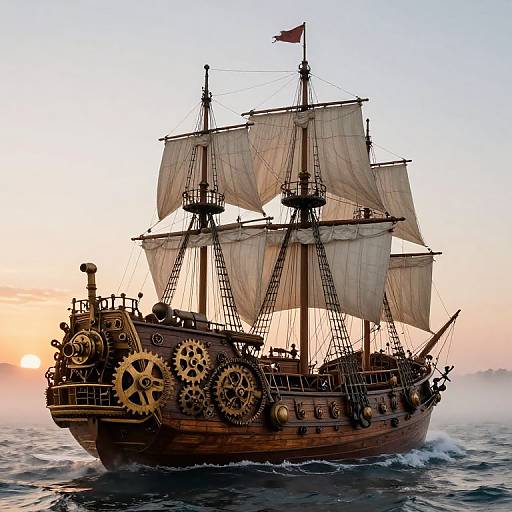 Steampunk Wooden Sailing Ship at Sunset