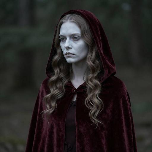 Pale Woman in Dark Red Velvet Hooded Cloak