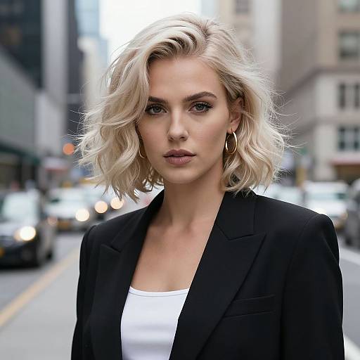 Photograph of a blonde, fair-skinned woman with wavy hair, wearing a black blazer and white top, standing on a busy city street