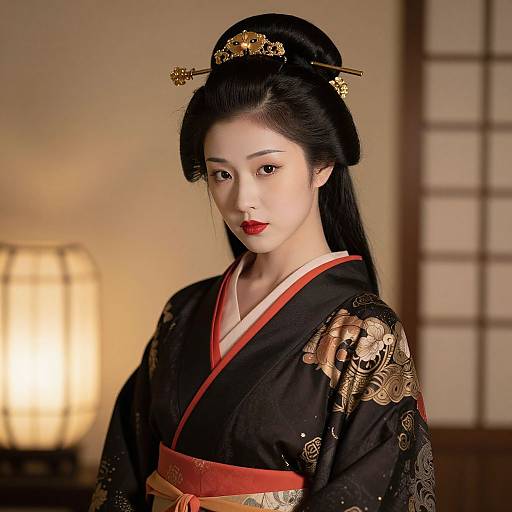Photograph of an elegant East Asian woman in a traditional black kimono with gold embroidery, red sash, and ornate hairpins, standing in
