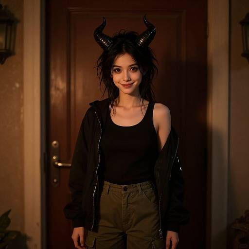 Photograph of a young woman with black, textured devil horns, wet black hair, black tank top, and olive pants, standing in dimly lit