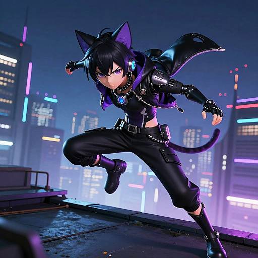 Digital anime-style artwork of a black-haired, cat-eared, cyberpunk girl in a black leather outfit, mid-leap on a neon-lit