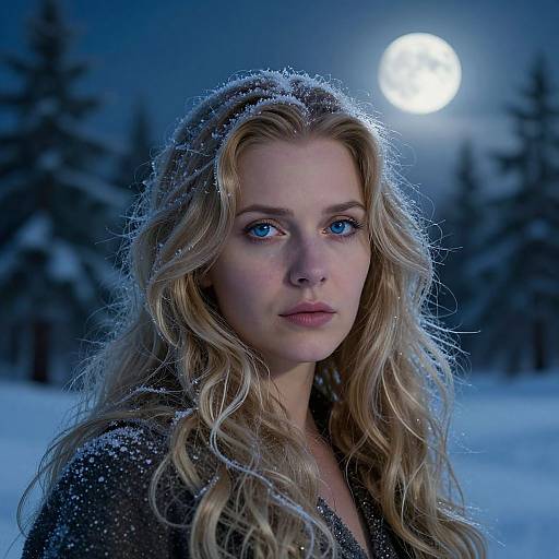 Photograph of a blonde woman with blue eyes, snowy hair, and a dark coat, standing in a snow-covered forest at night under a full moon
