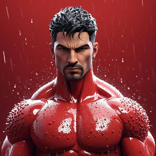 Digital art of a muscular, shirtless man with wet, dark hair, intense gaze, and defined chest, standing in rain against a red background.