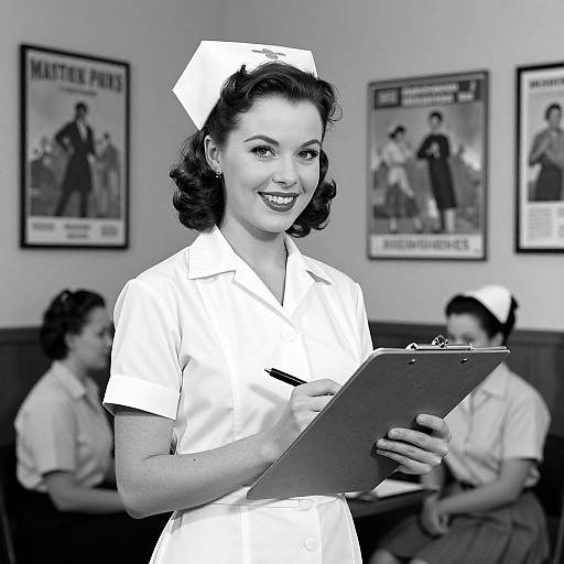 Black-and-white photograph of a smiling 1950s-style nurse with curled hair, white uniform, and cap, holding a clipboard in a waiting room