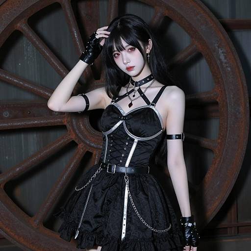 Asian Woman in Black Gothic Dress with Industrial Background