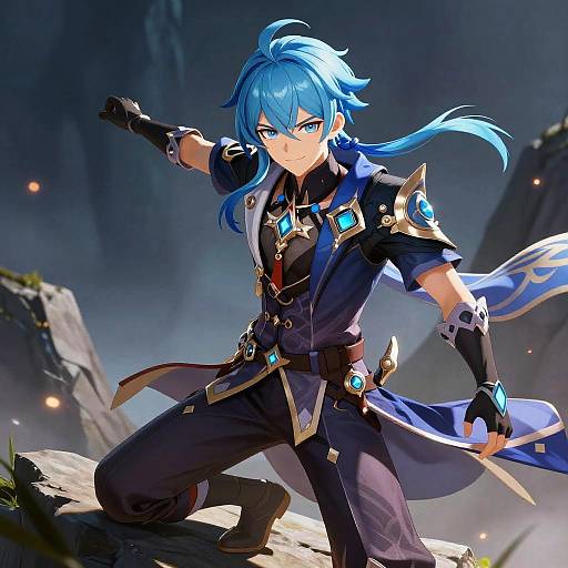 Confident Blue-Haired Anime Warrior