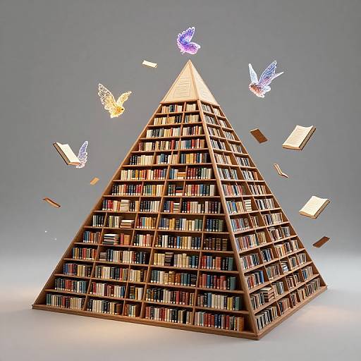 Photograph of a wooden triangular bookshelf with glowing books and colorful butterflies floating around, set against a gray background.