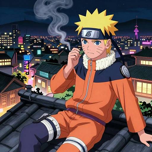 Naruto, anime-style drawing, sitting on a roof at night, smoking, wearing orange ninja outfit with dark blue collar, city lights in background