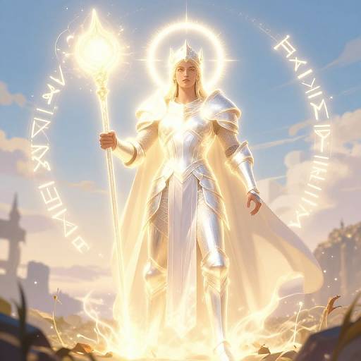 Digital artwork of a radiant, blonde, armored woman with a crown, holding a glowing torch, surrounded by fiery light and runes in a bright, cloudy