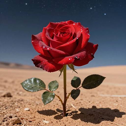 Photograph of a vibrant red rose with dewdrops, standing alone in a sandy desert under a starry, clear night sky.