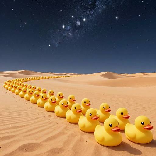 Photograph of a long line of yellow rubber ducks with red beaks, marching across a sandy desert under a starry night sky.