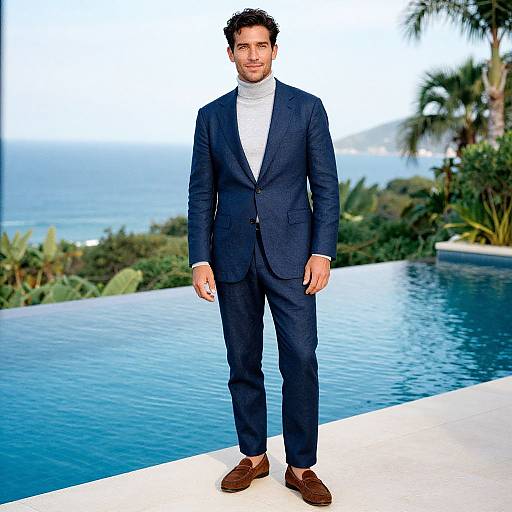Photograph of a handsome man with curly dark hair, wearing a navy blue suit, white turtleneck, and brown loafers, standing by a