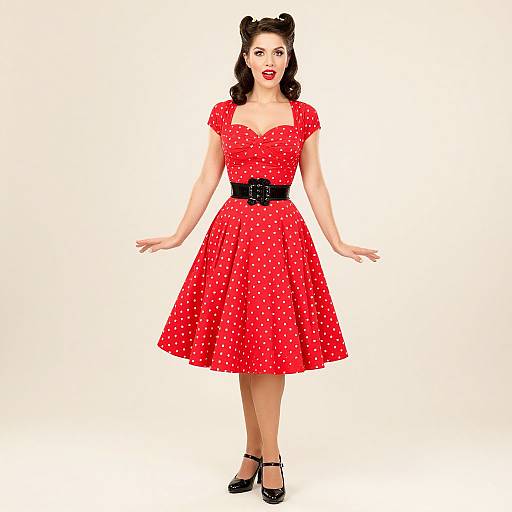 Photograph of a woman in a red polka dot dress with a black belt, black heels, and hair in vintage curls, standing against a white