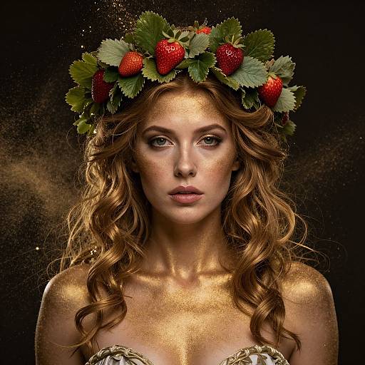 Photorealistic digital portrait of a fair-skinned, green-eyed woman with wavy auburn hair, wearing a strawberry and leaf crown, golden