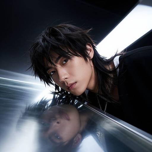 Photograph of a young Asian man with black, tousled hair, intense gaze, wearing a black hoodie, reflected in a glossy surface under bright,