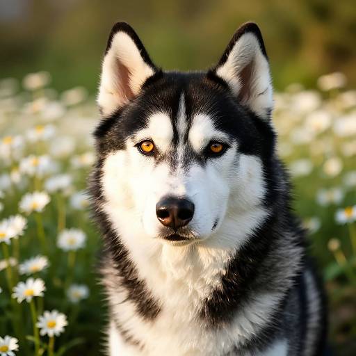 Photograph of a striking black and white Siberian Husky with golden eyes, standing in a sunlit field of white daisies.