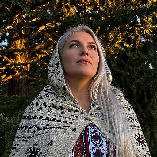 Photograph of a young woman with long silver hair, wearing a patterned knitted hooded cloak, gazing upward against a dark pine tree background