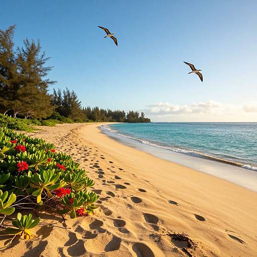 Photograph of a sunny beach with golden sand, green shrubs with red flowers, two seagulls flying, and a clear blue ocean.