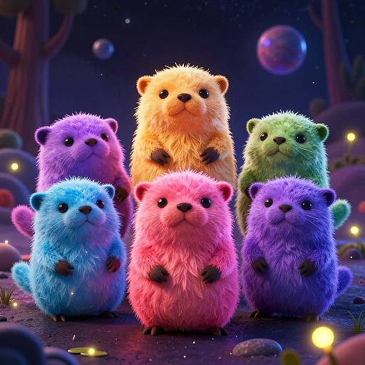 Neon Space Otters in Cosmic Forest