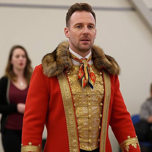 Photograph of a man in a detailed, red velvet coat with gold embroidery and fur trim, standing in a room with a woman in the blurred background