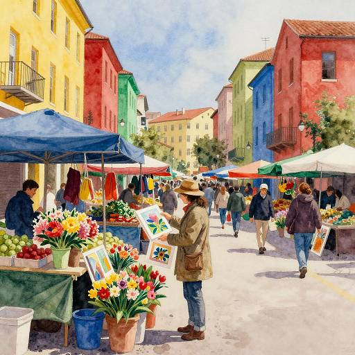 Vibrant Watercolor Street Market Scene