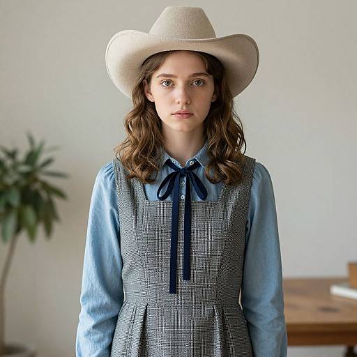Photograph of a young woman with wavy brown hair, wearing a white cowboy hat, blue shirt, and gray checkered dress with a black ribbon
