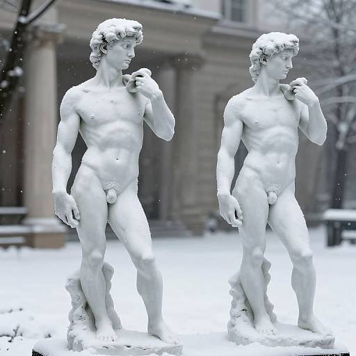 Photograph of two white marble statues of nude, muscular male figures standing in a snowy park, both with visible genitalia, and a blurred stone building