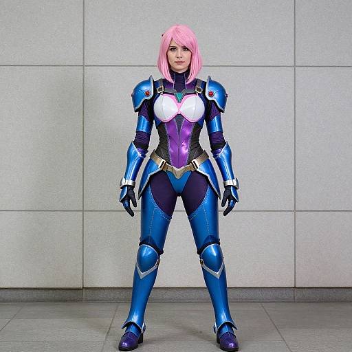 Photograph of a woman with pink bob haircut in blue and purple armored costume, standing against a grey tiled wall.