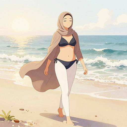 Watercolor Hijabi Bikini on Beach