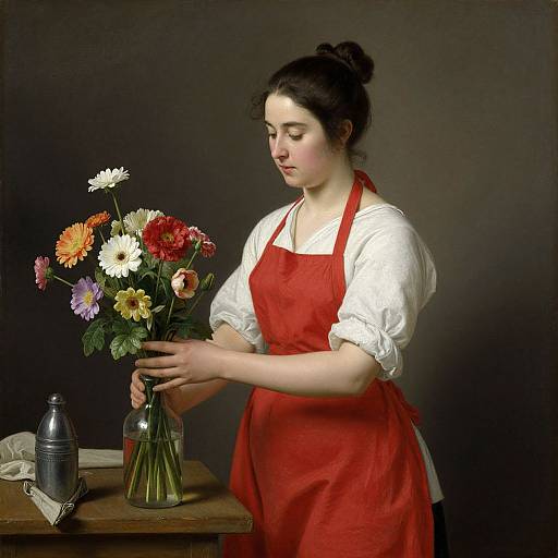 Photograph of a fair-skinned woman with dark hair in a bun, wearing a red apron over a white blouse, arranging colorful flowers in a