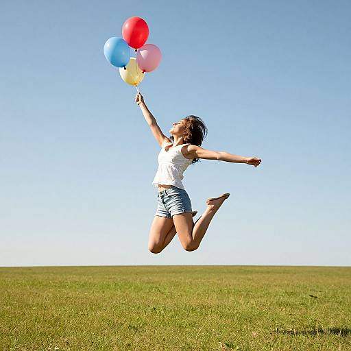 Photograph of a joyful girl in white top and denim shorts, jumping mid-air, holding colorful balloons (red, blue, yellow) against a clear