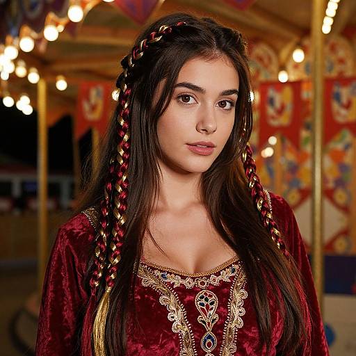 Photograph of a young woman with long, dark brown hair braided with red beads, wearing a rich red velvet dress with gold embroidery, standing in