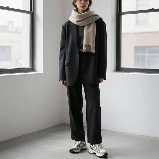 Photograph of a person in a black double-breasted coat, black pants, white sneakers, and beige scarf, standing in a bright, white-w