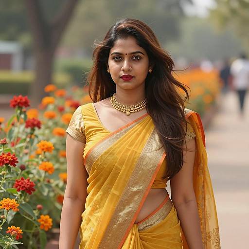 Indian Woman in Yellow Banarasi Saree