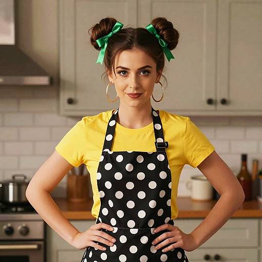Photograph of a young woman with brown hair in double buns, green bows, yellow shirt, black polka dot apron, large hoop earrings
