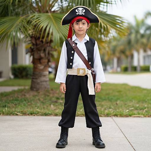 Young boy in pirate costume with black tricorn hat, white shirt, black vest, and pants, standing on sidewalk; palm trees in background. Photograph