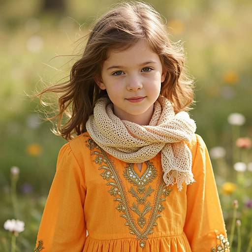 Photograph of a young girl with wavy brown hair, wearing an orange dress with gold embroidery and a beige scarf, standing in a sunny, flower