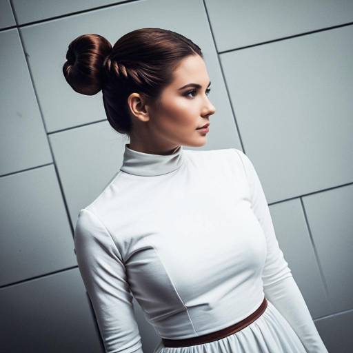 Woman in Classic White Fitted Dress with Side Bun Hairstyle