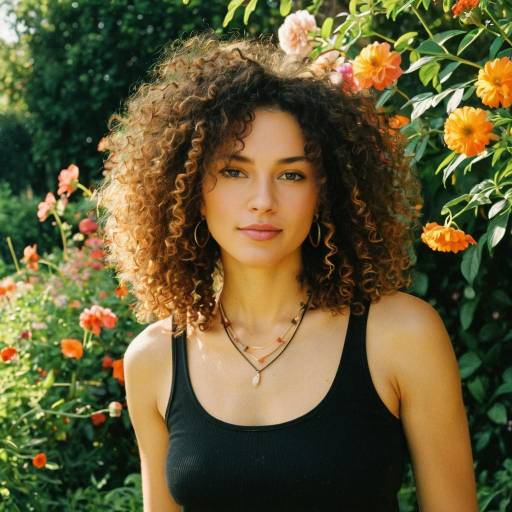Young Woman with Curly Hair in Garden