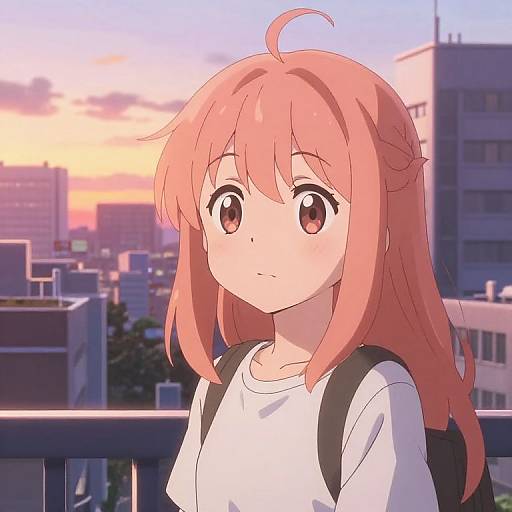 Anime-style digital drawing of a pink-haired girl with large brown eyes, wearing a white shirt and black backpack, standing on a balcony at sunset with a