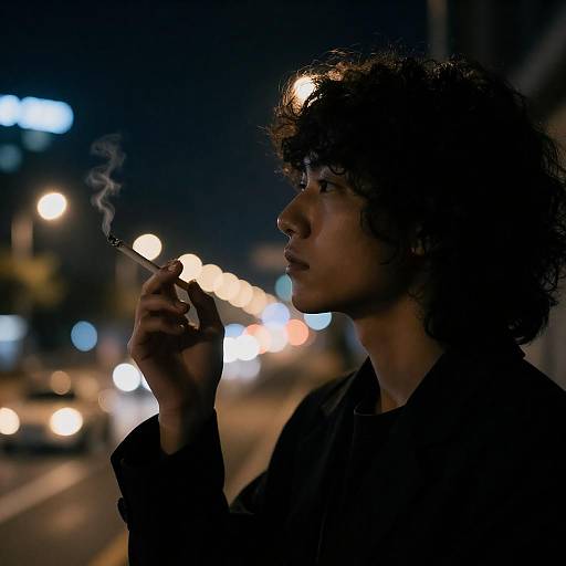 Young Man Smoking at Night with City Lights