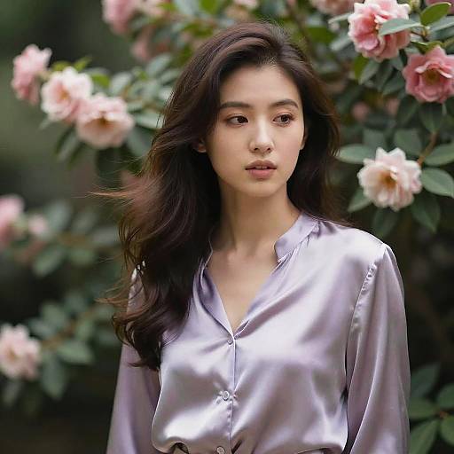 Photograph of an Asian woman with long dark hair, wearing a shiny silver satin blouse, standing against a backdrop of pink roses and green leaves.
