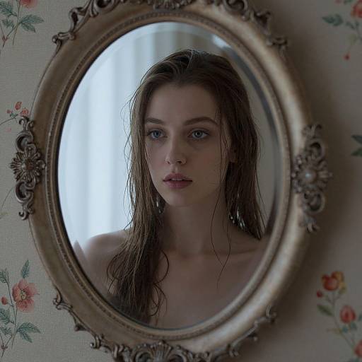 Photograph of a wet-haired, blue-eyed woman reflected in an ornate oval mirror, set against floral wallpaper with soft, natural light.