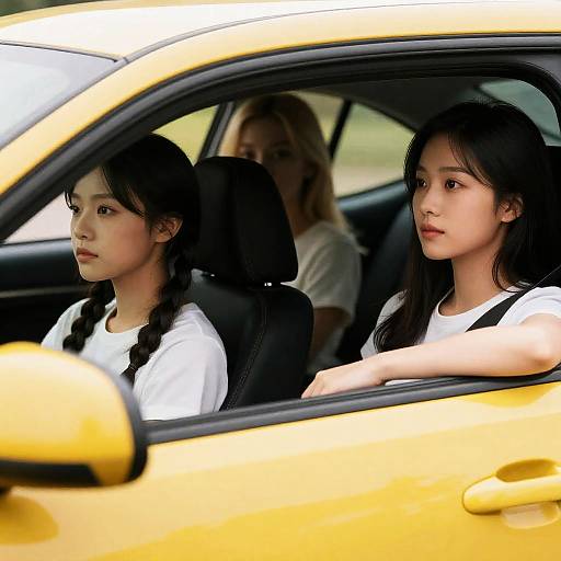 Three Women in Bright Yellow Car