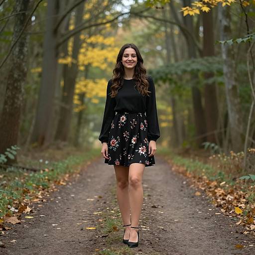 Young Woman in Black Floral Dress on Forest Path