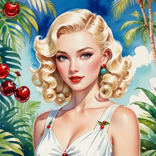 Blonde Woman in Cherry Dress with Tropical Background
