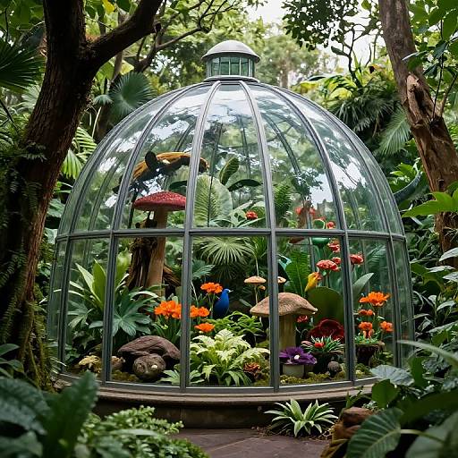 Photograph of a glass dome greenhouse filled with vibrant orange flowers, colorful mushrooms, and lush greenery, surrounded by dense trees.