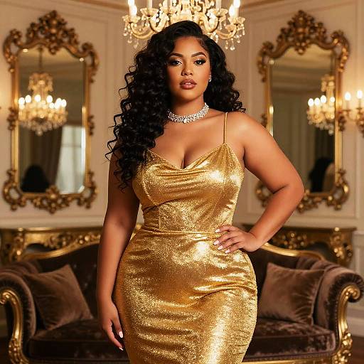 Photograph of a curvy, dark-skinned woman with long curly black hair, wearing a shimmering gold dress and diamond necklace, standing confidently in